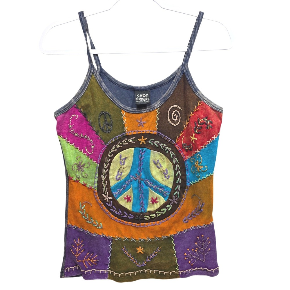 Shop Therapy Peace Sign Patchwork Tank Top XXL Multi Color Embroidered Boho Cami